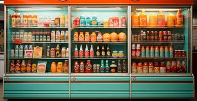 drogheria negozio, frutta contatore, bevande, succhi, marmellate su Schermo nel un' supermercato - ai generato Immagine foto