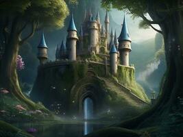 un' magnifico Fata castello nascosto in profondità entro un incantata foresta foto