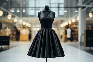 un' bellissimo nero vestito su un' indossatrice nel un' moda salone. shopping concetto. generato di artificiale intelligenza foto