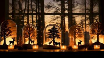 inverno Paese delle meraviglie con cervo, alberi, e candele nel bicchiere cupole foto