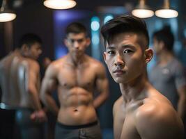 giovane asiatico uomo nel buio camera foto