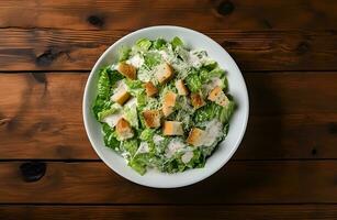 Cesare insalata con grigliato pollo carne, lattuga e formaggio, tiro a partire dal il superiore su il di legno tavolo sfondo foto