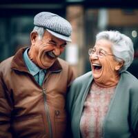 ai generato contento anziano coppia ridendo e godendo la spesa tempo insieme dopo la pensione. generativo ai illustrazione foto