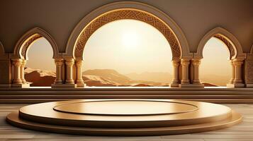 sfondo per il islamico vacanza di Ramadan nel un' minimalista stile, con un' podio, con luce del sole, nel leggero beige delicato occhiali da sole e elementi di natura. ai generato foto