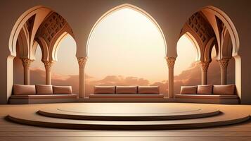 sfondo per il islamico vacanza di Ramadan nel un' minimalista stile, con un' podio, con luce del sole, nel leggero beige delicato occhiali da sole e elementi di natura. ai generato foto