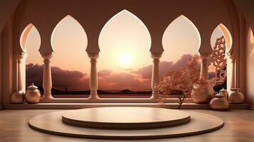sfondo per il islamico vacanza di Ramadan nel un' minimalista stile, con un' podio, con luce del sole, nel leggero beige oro delicato occhiali da sole e elementi di natura. ai generato foto