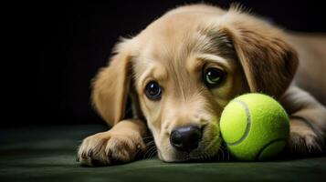 un' triste cucciolo bugie vicino un' tennis sfera. ai generato foto