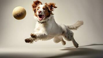 studio tiro di un' carino gallese springer spaniel salto con un' tennis sfera. ai generato foto