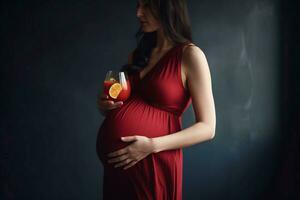 incinta donna rosso vestito succo bere. creare ai foto