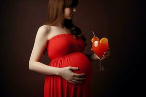 incinta donna rosso vestire. creare ai foto