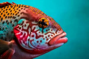 avvicinamento tiro di colorato pesce su azzurro sfondo. creare ai foto