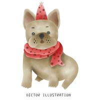 acquerello stile francese bulldog indossare Natale cappello - festivo disegnato a mano illustrazione foto