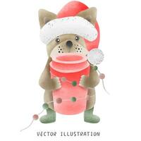 acquerello stile francese bulldog indossare Natale cappello - festivo disegnato a mano illustrazione foto