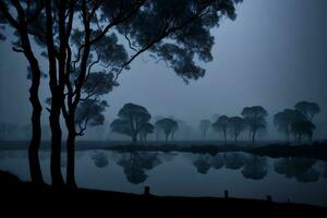 foto sagome di alberi su il riva di il lago su un' nebbioso giorno generato di ai