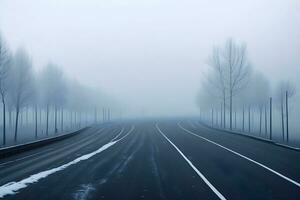 vuoto città strada coperto nel nebbia, nebbioso asfalto strada su un' inverno mattina generato di ai foto