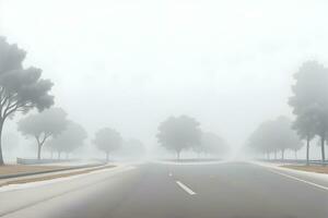 vuoto città strada coperto nel nebbia, nebbioso asfalto strada su un' inverno mattina generato di ai foto