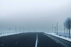 vuoto città strada coperto nel nebbia, nebbioso asfalto strada su un' inverno mattina generato di ai foto