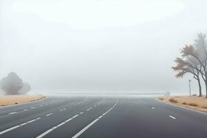 vuoto città strada coperto nel nebbia, nebbioso asfalto strada su un' inverno mattina generato di ai foto