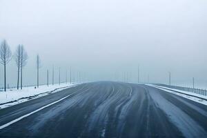 vuoto città strada coperto nel nebbia, nebbioso asfalto strada su un' inverno mattina generato di ai foto