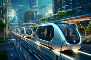 moderno senza equipaggio metropolitana auto su il strada di un' futuro verde città. un' futuristico città con elettrico pubblico mezzi di trasporto sistemi. ai generativo foto