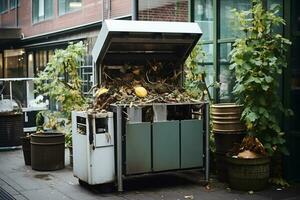 un urbano compostaggio stazione riducendo cibo rifiuto nel il città. pulizia su il ambiente. ai generativo foto