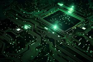 dettagliato Visualizza di un' contemporaneo circuito tavola con processore, microchip, e componenti, Perfetto per Tech presentazioni e illustrazioni. ai generativo foto
