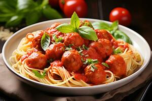 spaghetti nel pomodoro salsa con Polpette. ai generativo foto