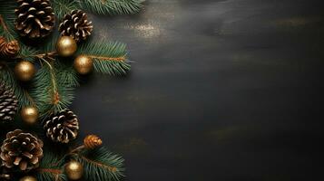 sfondo per un' Natale o nuovo anno carta. composizione di abete rami, coni, palle e ghirlanda luci. piatto posare con vuoto copia spazio. ai generativo foto