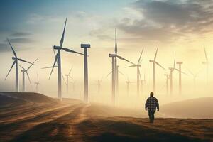 un ingegnere ispezionando un' vento turbina azienda agricola nel il presto mattina luce. ai generativo foto