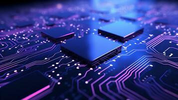 dettagliato Visualizza di un' contemporaneo elettronico circuito tavola con un' processore, microchip, e vario componenti, bordo tagliente tecnologia. ai generativo foto