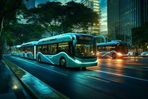 elettrico autobus mossa lungo un' occupato città strada con zero emissioni. un' moderno senza conducente autobus su il strada di un' futuro verde città. un' futuristico città con elettrico pubblico trasporto. ai generativo foto