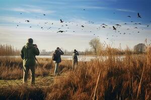 un' natura Riserva con birdwatcher osservando raro migratorio specie di uccelli. ai generativo foto