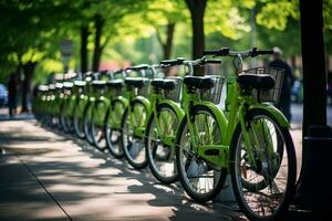 condivisione di biciclette stazione vivace con pendolari nel un' verde città. noleggio servizio individuare su città strada. pubblico trasporto. ai generativo foto