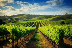 un' pittoresco vigneto nel un' bellissimo verde valle con montagne nel il sfondo. in crescita utilizzando sostenibile agricoltura e irrigazione metodi. ai generativo foto