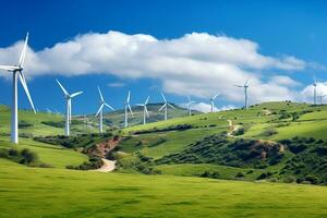 vento turbine utilizzando rinnovabile energia nel un' grande verde campo. ai generativo foto