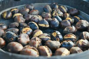 tradizionale Istanbul strada cibo grigliato castagne nel un' riga foto