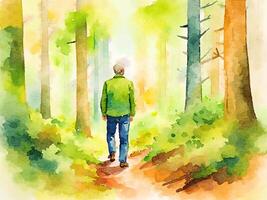 acquerello illustrazione di uomo in piedi nel il foresta, mano dipinto illustrazione. foto