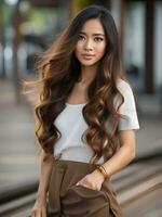 giovane asiatico donna nel un' città. foto