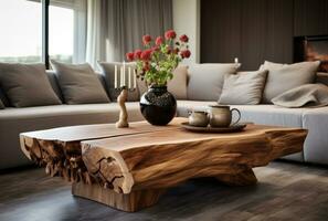 moderno vivente camera interno con divano, lampada, tavolo ai generato. foto