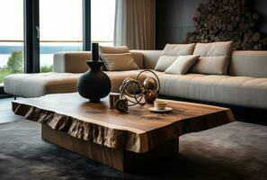 moderno vivente camera interno con divano, lampada, tavolo ai generato. foto
