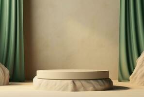 3d sfondo, pietra piedistallo podio su naturale beige, pastello verde fondale ai generato. foto