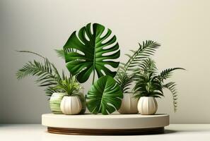 3d podio legna Schermo bianca sfondo con verde Monstera palma foglia ai generato. foto