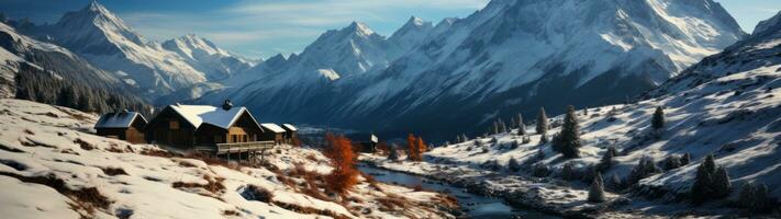 cabina nel il valle, montagne come il sfondo ai generato. foto