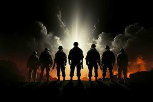 soldati silhouette emerge audacemente contro il annerito sfondo tela ai generato foto