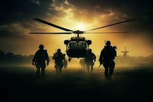 soldati sagome incorniciato di un' elicotteri imponente, soggezione ispirando presenza ai generato foto