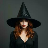 un' bellissimo strega indossare un' conico cappello su un isolato sfondo, ai generativo foto