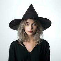 un' bellissimo strega indossare un' conico cappello su un isolato sfondo, ai generativo foto