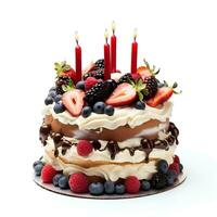 compleanno torta con candele e frutti di bosco su isolato bianca sfondo, ai generativo foto