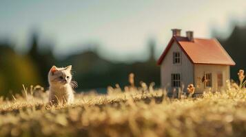 miniatura case e gatti in giro il Casa, ai generativo foto