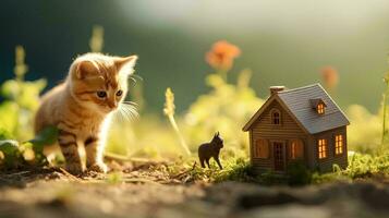 miniatura case e gatti in giro il Casa, ai generativo foto